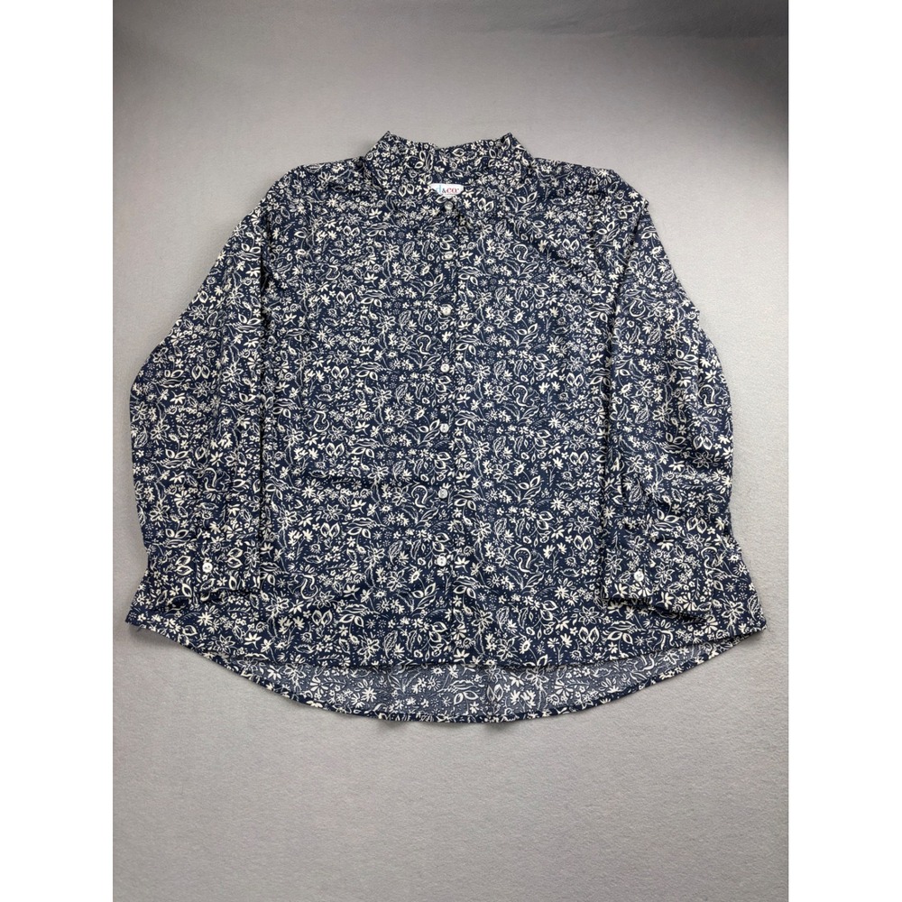 Denim & Co Women XL Blue Floral Button Front Shirt Long Sleeve Collared Blouse